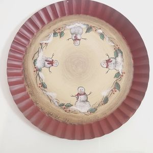 Vintage Metal Snowmen and Holly Plate Serving Dish Red
